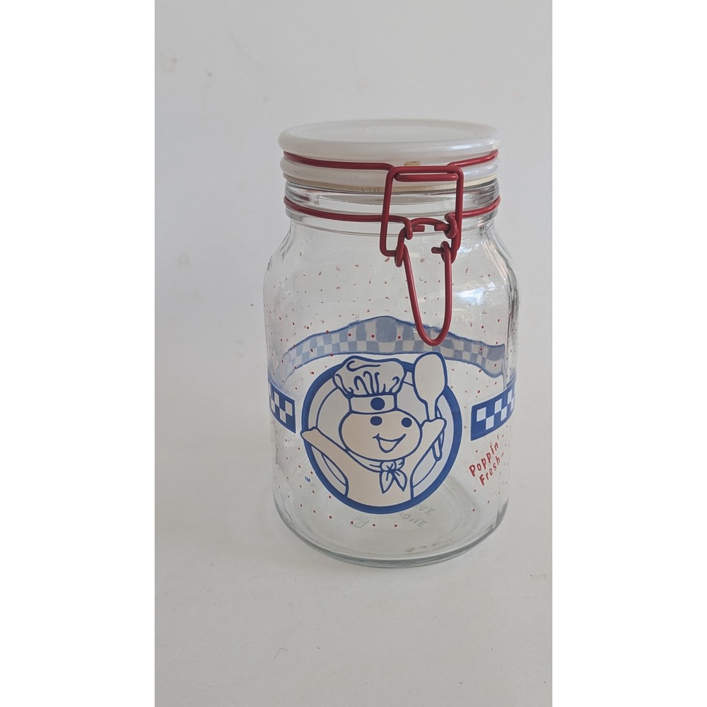 Vintage Pillsbury Doughboy Glass Canister Red Bail Poppin Fresh Polka Dot Jar